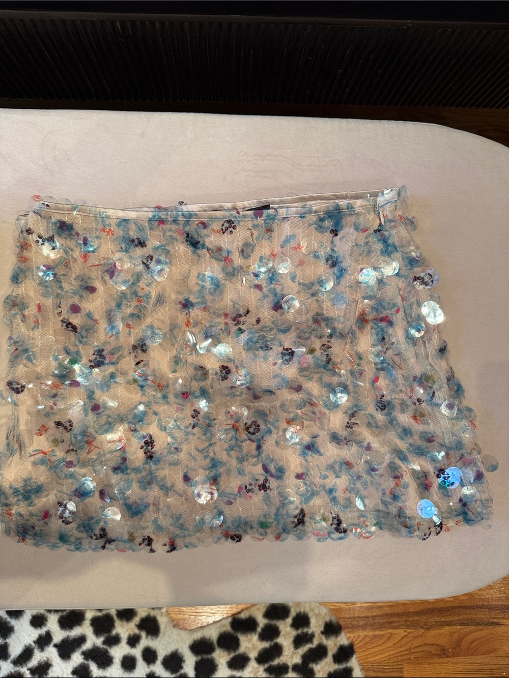 Zara Iridescent Sequin Floral Mini Skirt - Blush with Blue Accents